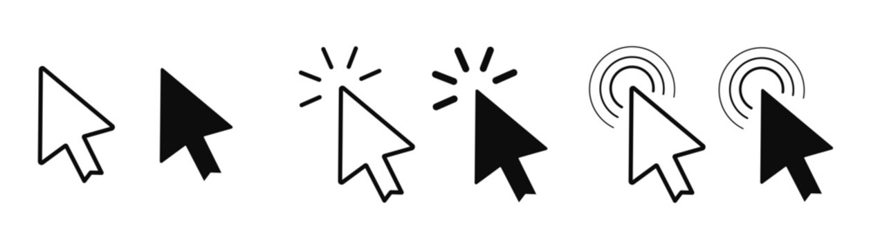 Cursor icon set vector mouse pointer symbol for computer click interface arrow navigation website interaction outline and solid design element graphic