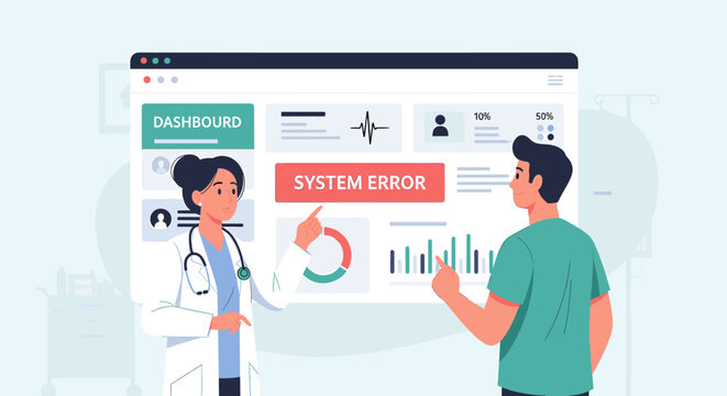 Medical professionals looking at a dashboard screen showing a system error message in a hospital.