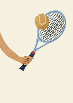 Arm holding a tennis racket hitting a tennis ball illustration
