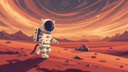 illustration retro cat astronaut walking in mars © Pemuda