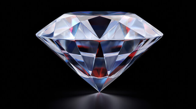 A precisely cut sparkling diamond with symmetrical facets reflects light on a dark surface, showcasing its brilliance and preciousness with elegant design.