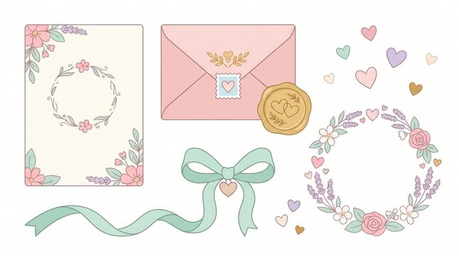 Arrangement of soft pastel floral stationery elements and hearts for wedding designs