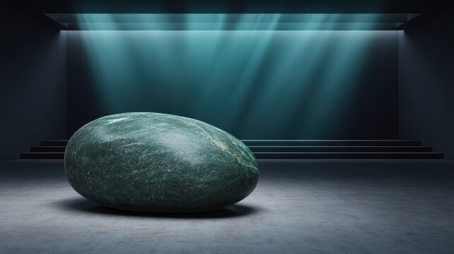 A dark green smooth stone rests prominently on a concrete floor beneath diffused blue spotlights in a minimalist and somewhat surreal architectural space.
