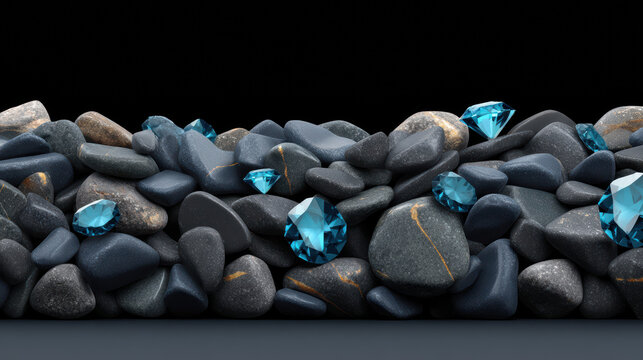 Shiny blue diamonds scattered on a pile of smooth dark pebbles creates a striking contrast in this beautifully rendered luxury goods product shot composition.