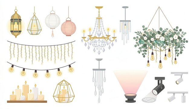 Diverse event/space lighting: chandeliers, lanterns, candles