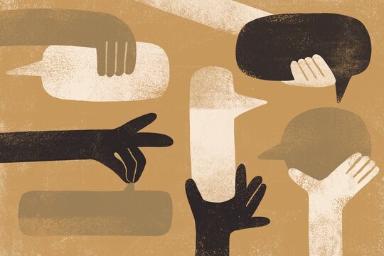 Illustration of diverse hands holding speech bubbles 