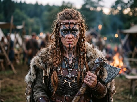 Portrait of determined viking warrior woman with axe re enactment shieldmaiden medieval strength