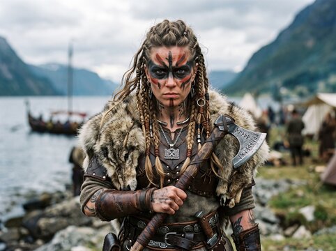 Fierce viking warrior standing by fjord with axe re enactment shieldmaiden medieval scandinavian