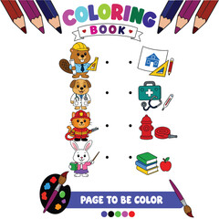 Fototapeta premium Children coloring book page with profession matching game matching cute cartoon animals to their work tools vector illustration