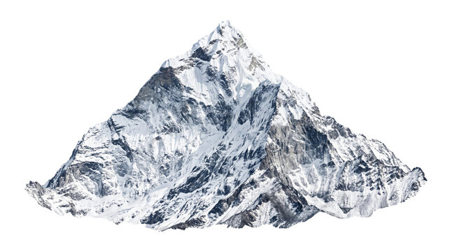 Majestic snow capped mountain peak with jagged rocky ridges and icy slopes on transparent background png.