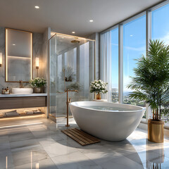 Fototapeta premium Freestanding bathtub in bright bathroom with large windows