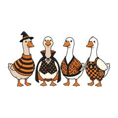 Cute cartoon geese dressed in autumn outfits and plaid clothes vector illustration, Thanksgiving goose characters clipart © Ristia