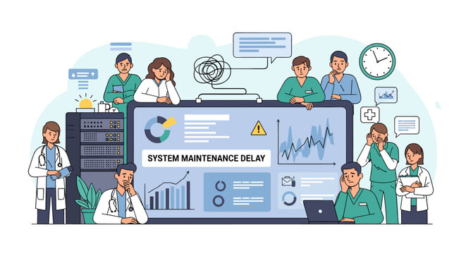 Medical staff and doctors experiencing system maintenance delay and technical issues in a hospital environment.