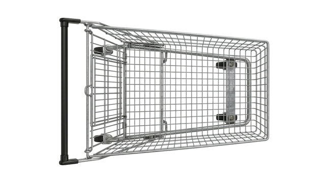 Top view of empty supermarket cart with black plastic handle isolated on transparent background png file.
