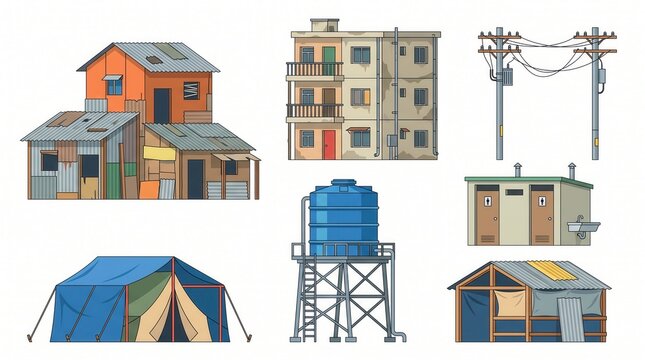 Different types of housing, public restrooms, a water tank, electricity poles, and a tent
