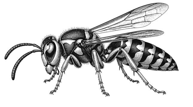 Detailed illustrated wasp insect in profile view.