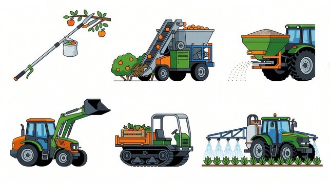 Six farming illustrations: harvesting, fertilizing, loading, veg transport, spraying