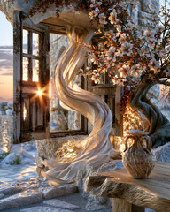 Obraz premium Luxury Mediterranean stone house with flowing linen curtains and golden sunrise light