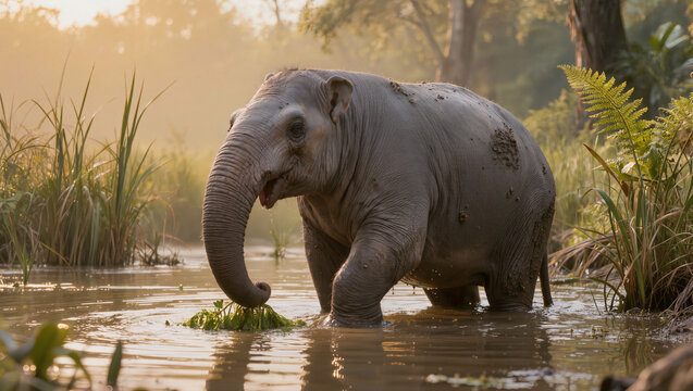 Photorealistic prehistoric Platybelodon foraging in a natural wetland habitat