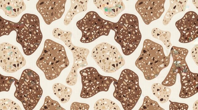 Seamless design featuring earthy brown and light beige terrazzo shapes on a cream surface