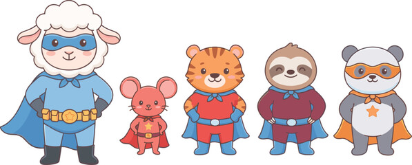 Fototapeta premium Cute superhero animals vector illustration set featuring sheep mouse tiger sloth and panda in capes and masks