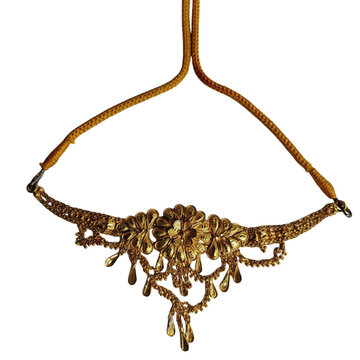 Gold antique style jewelry hanger with dangling earrings isolated on transparent background