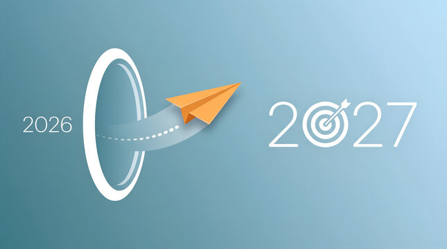 Paper plane symbolizing new year goals and business success, flying from 2026 through an open zero to 2027 with a target symbol for future aspirations.