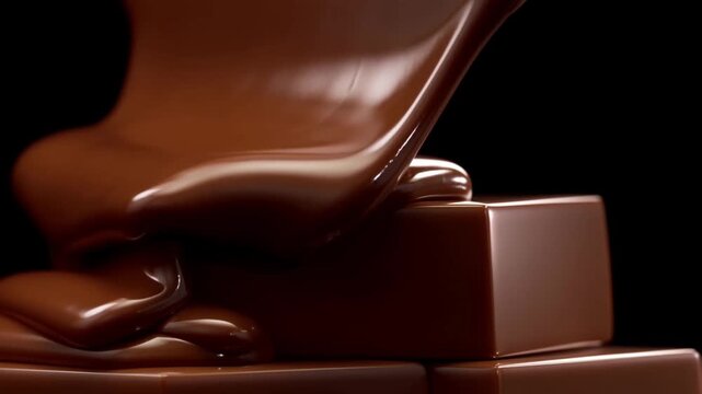 Premium vector animation of melted dark chocolate flowing smoothly over chocolate blocks, glossy gradient effect, elegant black background, luxury dessert branding style, minimal shapes