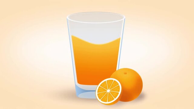 Minimal flat vector animation of a transparent glass filled with fresh orange juice, smooth liquid wave animation, one whole orange and one orange slice beside the glass, soft gradient background