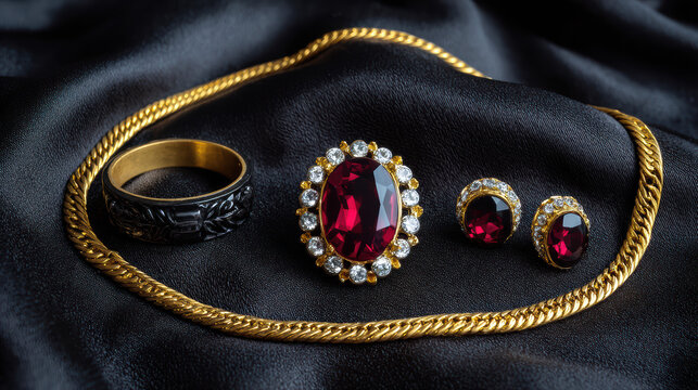 Elegant jewelry set featu a ruby surrounded by diamonds, matching ears, gold necklace, and patterned band displayed on black silk fabric.