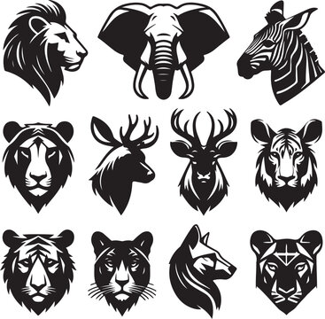 Wild animal head silhouettes in black and white graphic style for diverse conceptual designs