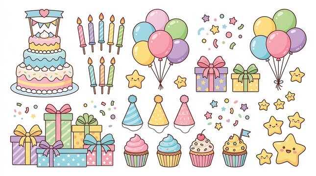 Sweet pastel birthday items: cake, gifts, balloons