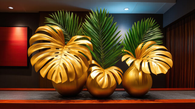 Three golden vases, filled with lush green palm and monstera leaves, create a stunning and elegant centerpiece against a dark and modern backdrop indoors.