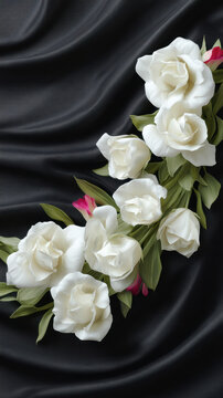 Elegant ivory roses cascade across a luxurious black satin background, creating a sophisticated and romantic floral arrangement with soft lighting and textures.