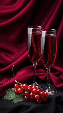 Two elegant champagne flutes filled with red wine are beautifully presented alongside fresh red currants against a luxurious backdrop of draped velvet fabric.