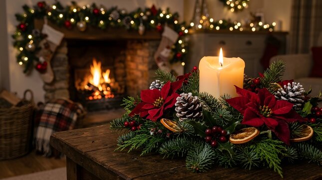 Christmas candle centerpiece with pine cones and festive greenery near a warm cozy fireplace