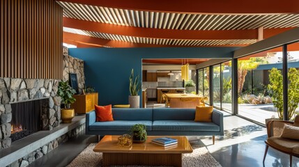 Fototapeta premium Mid-Century Modern Living Room with Fireplace: A beautifully appointed mid-century modern living room featuring a striking stone fireplace, comfortable blue sofa.
