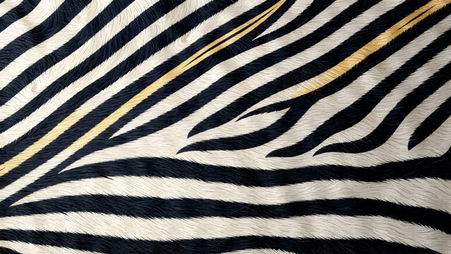 Striking detailed view of zebra fur texture with realistic black and creamy white diagonal stripes, distinctively accentuated by golden yellow highlights.