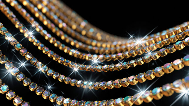 Sparkling golden necklaces with iridescent gems cascade in a glamorous display against a dark background, showcasing luxury and elegance, creating a dazzling effect.
