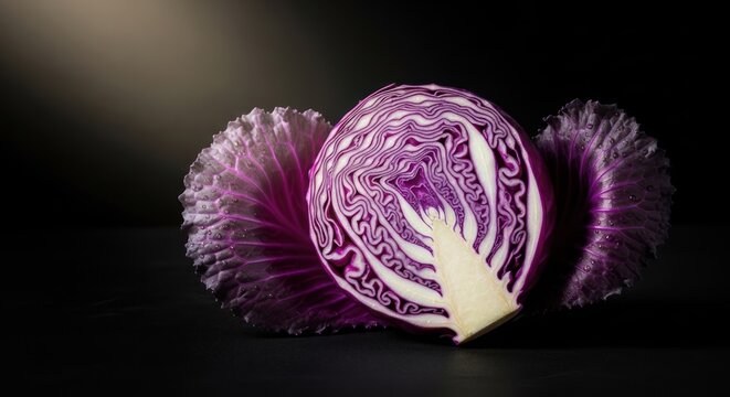 Halved purple cabbage displays intricate internal layering against a dark background.