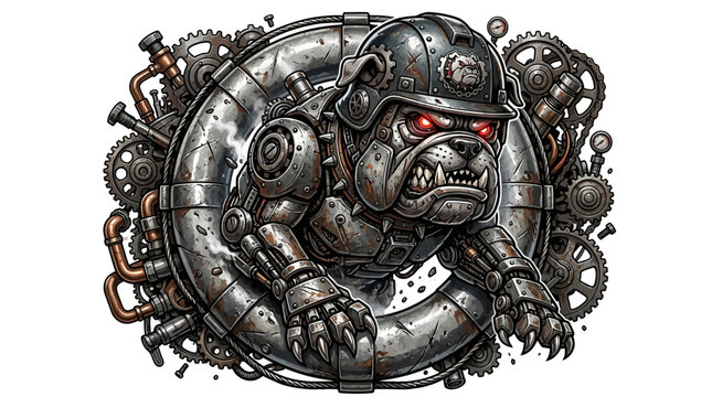 Steampunk robotic bulldog with glowing red eyes and metallic armor.