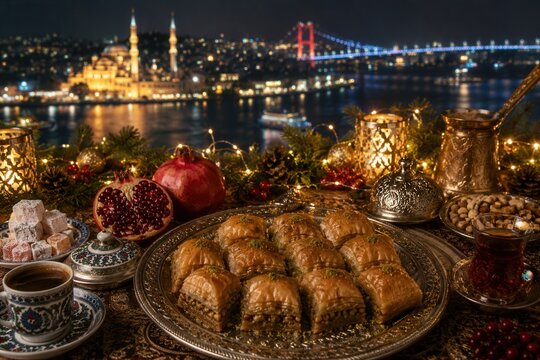 Festliche t&uuml;rkische Silvester-Tafel mit Baklava, Tee, Kaffee, Granatapfel und N&uuml;ssen vor n&auml;chtlicher Istanbul-Kulisse am Bosporus, warmes Licht f&uuml;r Food und Reise.