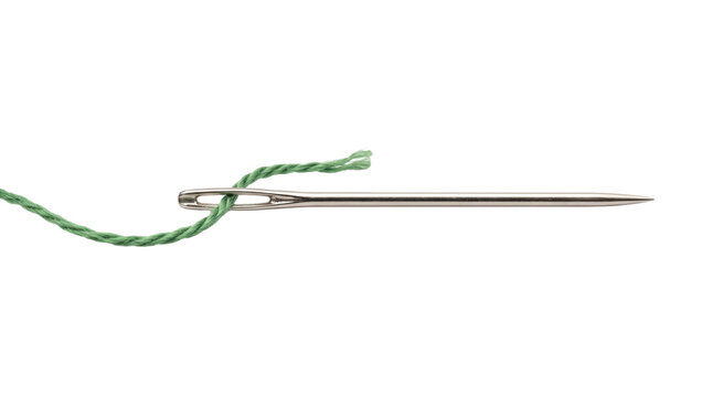 A silver sewing needle with light green thread is seen on an isolated transparent background.