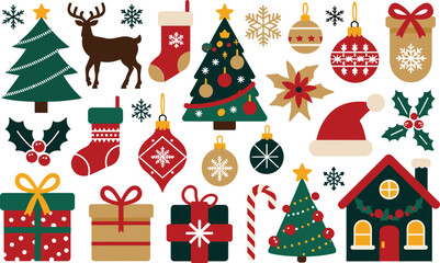 Fototapeta premium Christmas flat design vector collection with winter holiday symbols including trees deer and house