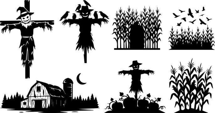 Scarecrow and Cornfield Silhouette Set &ndash; Halloween Farm, Autumn Field, Spooky Rural Icons