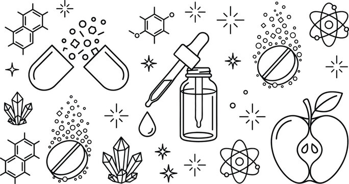 Vitamin capsule serum dropper bottle molecule atom and apple line art vector illustration science supplement elements set