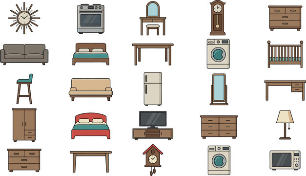 Home Furniture and Appliance Vector Icon Set with Sofa, Bed, Stove, Fridge, Wardrobe, Clock, and Table for Interior Designs