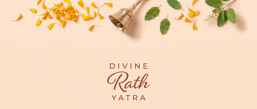 Rath Yatra festival background layout with brass puja bell, yellow marigold petals, and green holy basil leaves on pastel backdrop for Indian religious celebration banner template. Chariot festival.