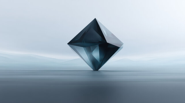 A crystalline diamond shaped form hovers slightly above a blurred gray surface against a soft gradient background showcasing depth and modern aesthetic appeal.