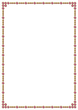 Vertical jewelry rectangular frame made of filigree golden metal chain with pink gems. Luxury design element on transparent background. A4 paper size.